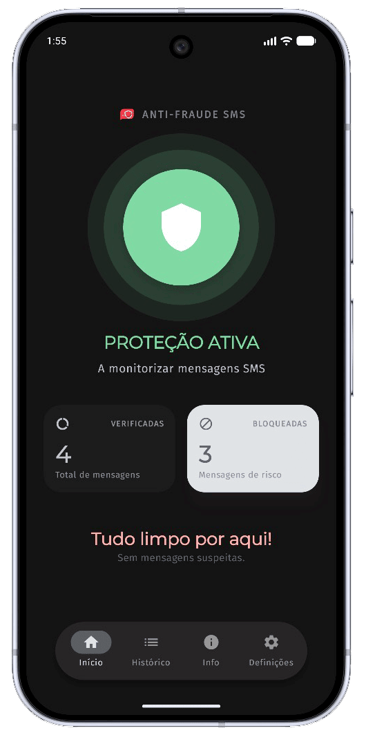Active protection screen in the Anti-Fraude SMS app
