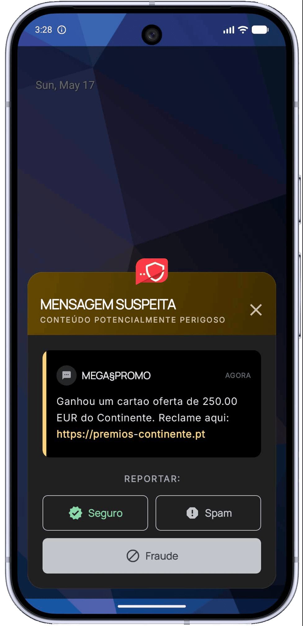 Suspicious message alert in the Anti-Fraude SMS app